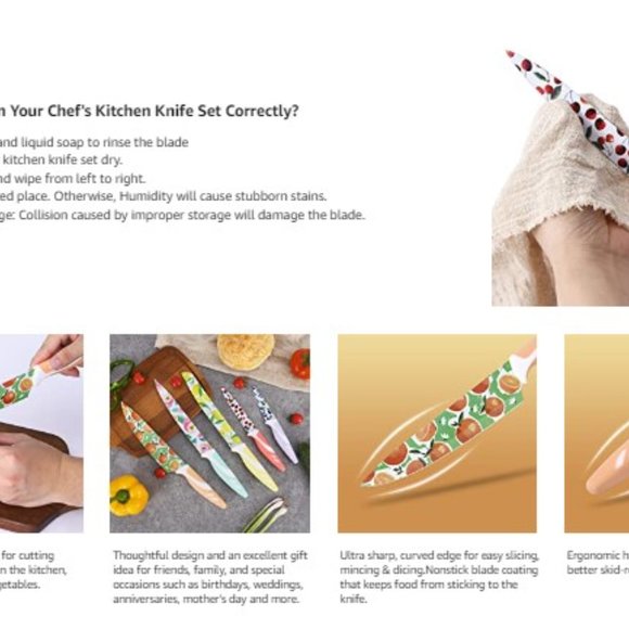 10 pc - Multicolored Fruit Kitchen Knife Set - Nonstick w/ 5 Blade Guards - Picture 9 of 11